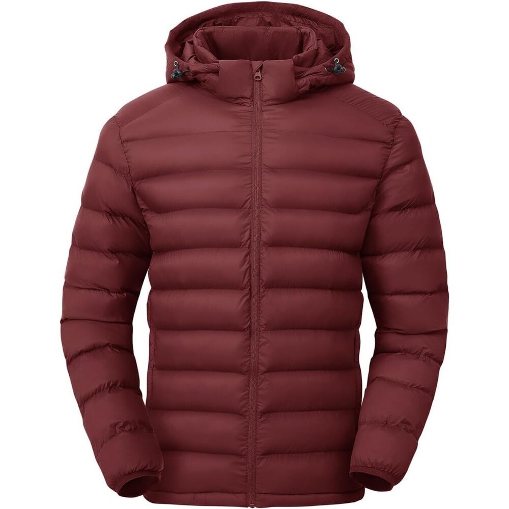 Men’s Wine Red 100% Nylon Hooded Zip-Up Lightweight Warm Winter Puffer Jacket
